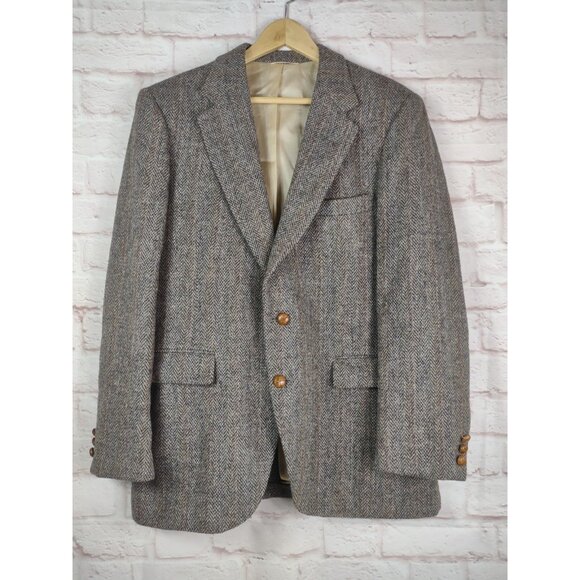 Vtg Harris Tweed Mens Wool Blazer Jacket Sz 44 Gray Mixed Two Button Stafford